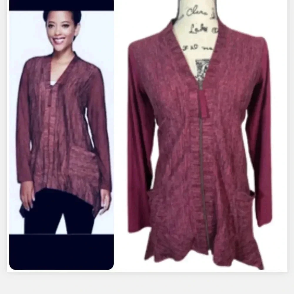 LOGO BY LORI GOLDSTEIN CARDIGAN SWEATER JACKET BURGUNDY RED POCKETS SIZE XXS‎